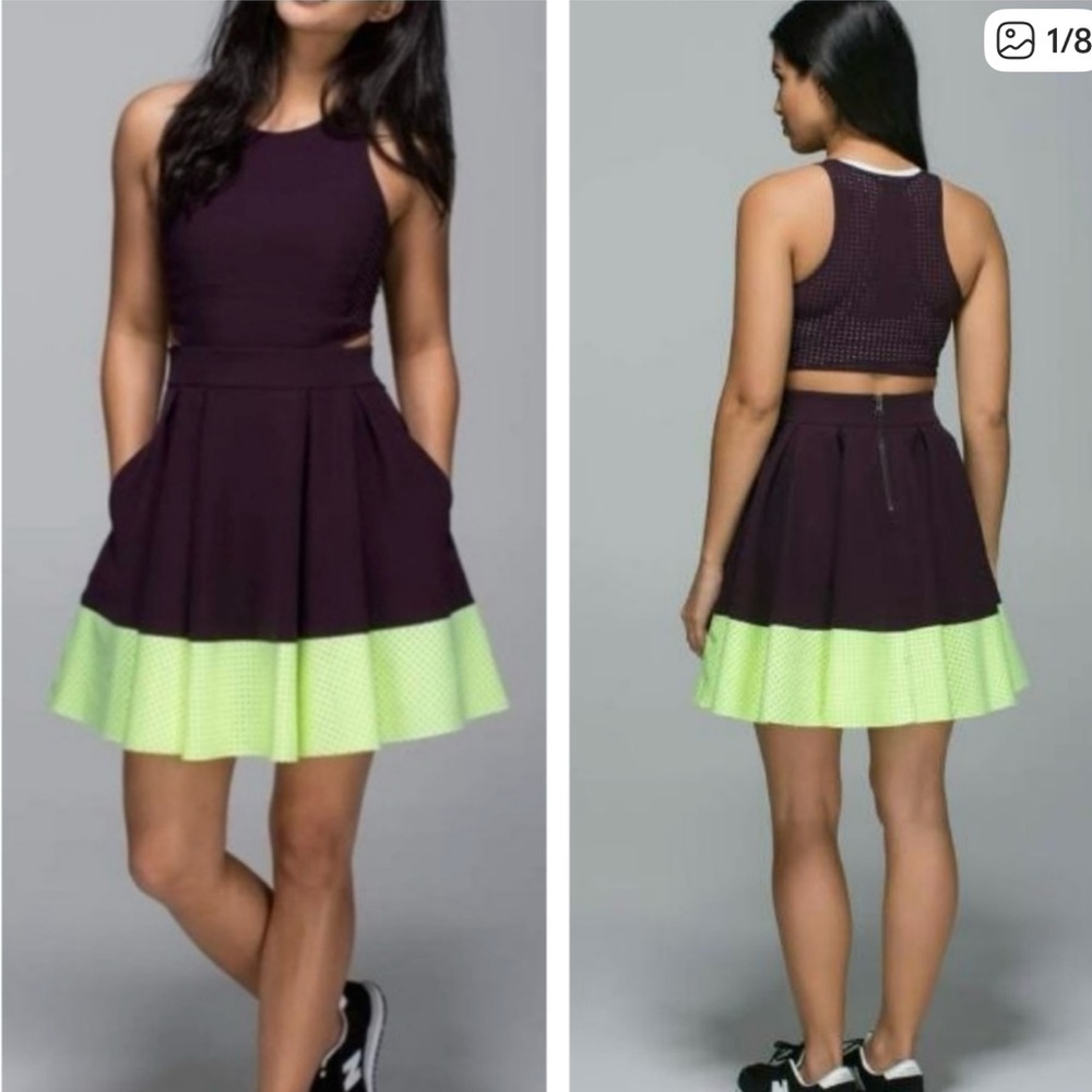 Lululemon Women's 2 Away Open Back Tennis Dress Black Cherry Neon Green Sporty 
